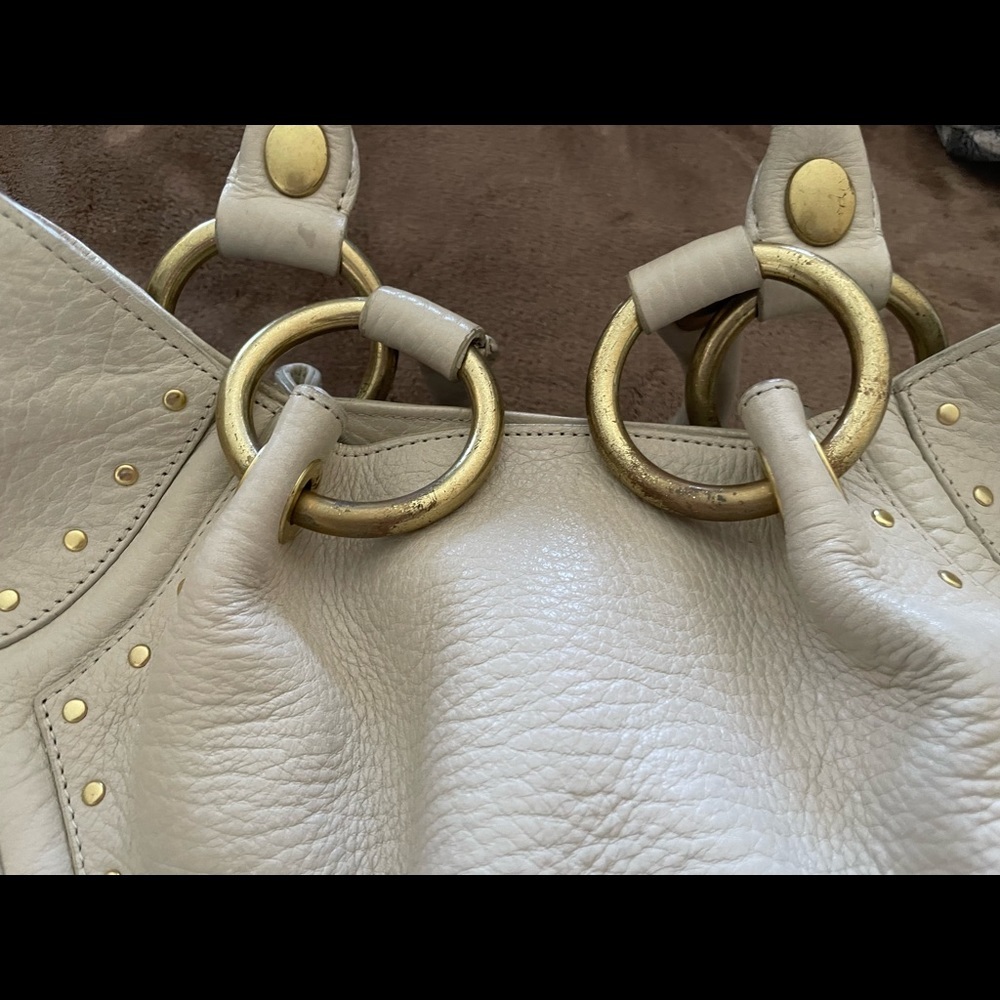 Kenneth Cole Ivory Thick Pebble Leather Studs Satchel Handbag Purse PRE-OWNED - Picture 3 of 9